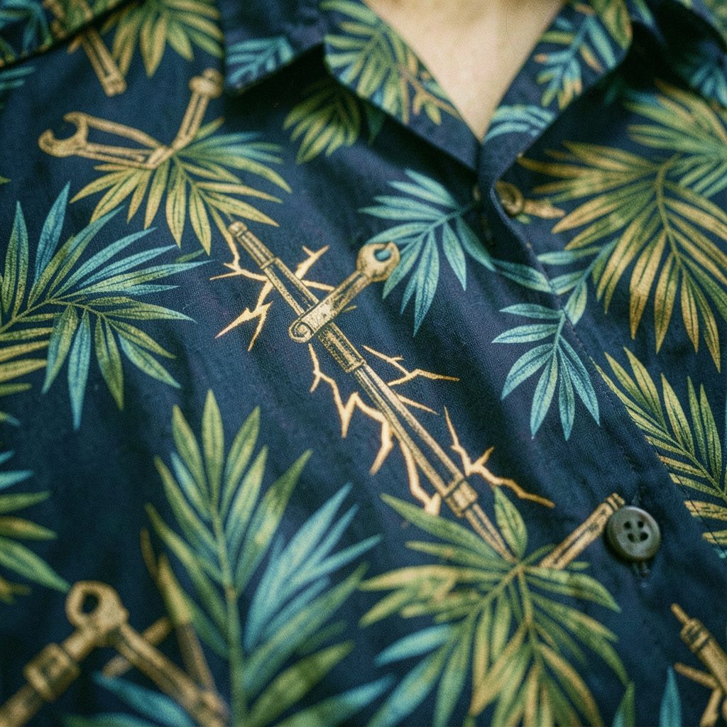 A close-up analog film photograph of a Hawaiian shirt fabric showing electrical-bolt and tool motifs woven into tropical palm fronds, in navy blue, gold, and olive green tones with subtle grain.