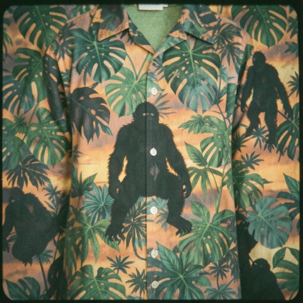 A grainy film shot of a Hawaiian shirt pattern featuring a sasquatch silhouette among tropical monstera leaves and sunset hues of amber, teal, and charcoal.