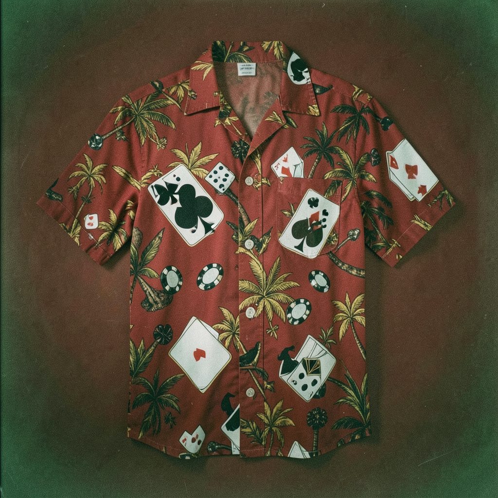 A vivid analog photograph of a Hawaiian shirt with playing-card suits, dice, and casino-chip motifs on a deep red background, accented with gold and black.