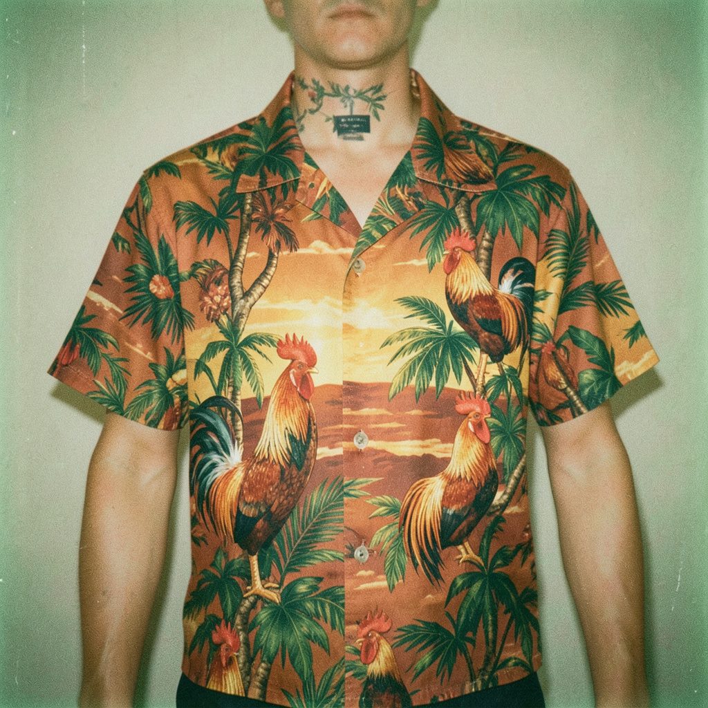 A warm-toned film photograph of a Hawaiian shirt with proud rooster illustrations, tropical foliage, and sunrise colors in rust red, golden yellow, and deep green.