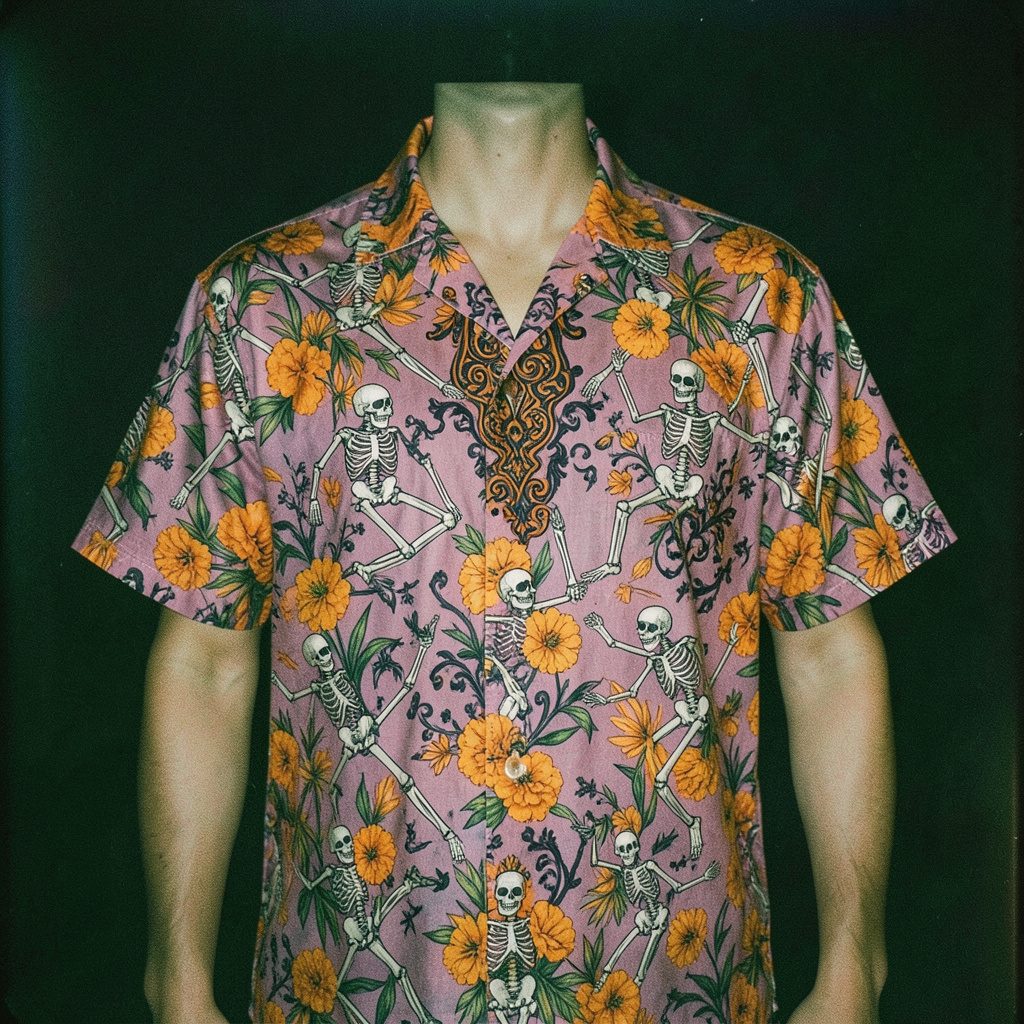 A film photograph of a Hawaiian shirt covered in dancing skeleton figures, marigold flowers, and ornate calavera designs in bright orange, purple, and black against a dark backdrop.
