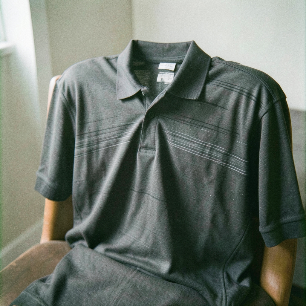 A charcoal grey performance polo with a subtle stripe pattern, draped over a chair back in natural light