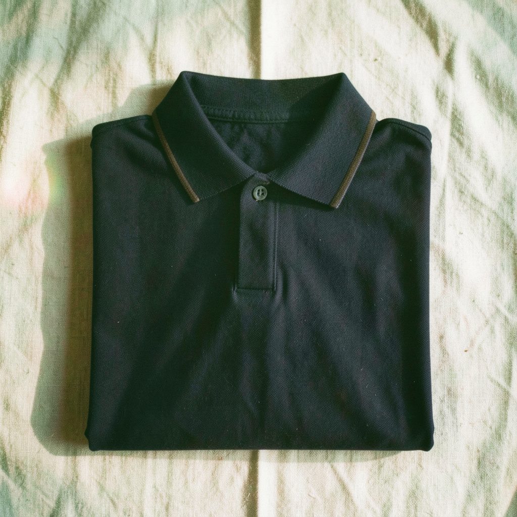 A navy polo shirt with contrast collar detail, folded neatly on a textured linen background, warm afternoon light
