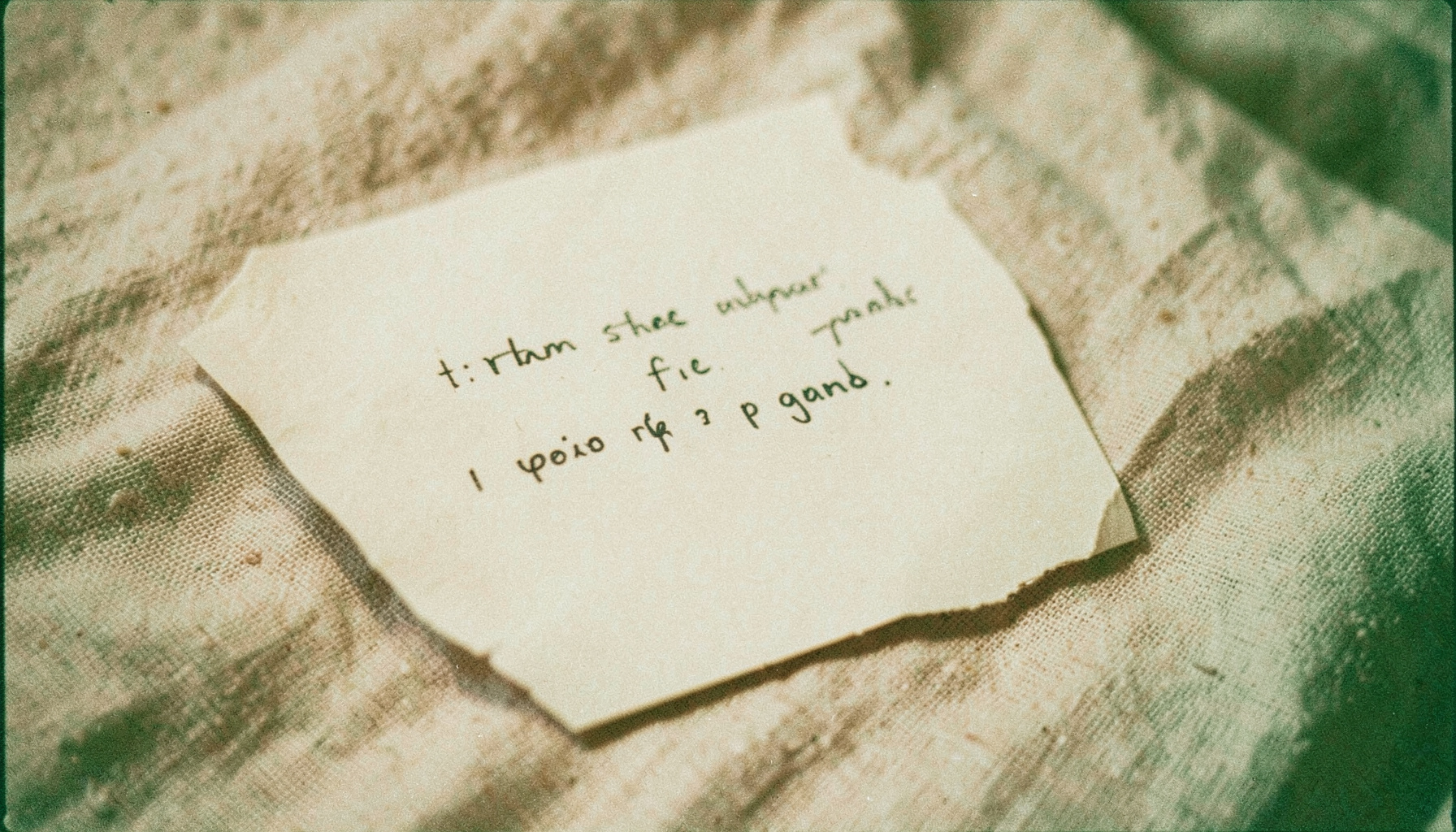 An analog film photograph of a handwritten message card resting on a textured linen cloth, warm cream and soft brown tones, visible grain.