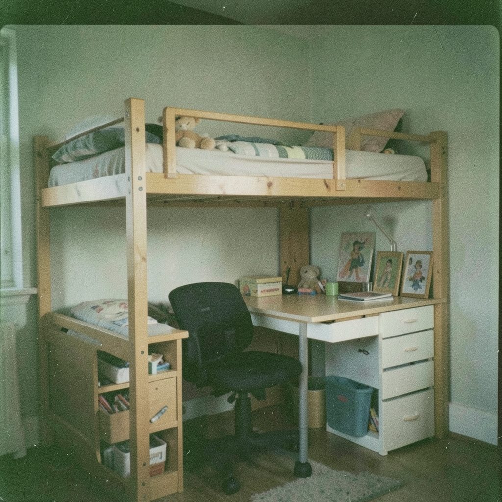 Grainy analog film photograph of a cozy loft-style room with soft green and warm wood tones, a desk area and folded fabric items suggesting a personalized home and apparel setup, muted quiet mood